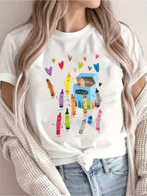 Cartoon Crayon Box Heart Print Casual Short Sleeve T-Shirt Colorful Graphic Tee Comfy Chic Apparel All-Season Fashion