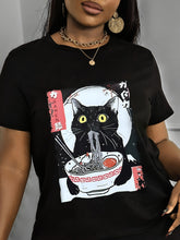 Cute Black Cat Eating Ramen Graphic T?Shirt, Japanese Retro Art Unisex Casual Short?Sleeve Tee For Cat & Noodle Lovers