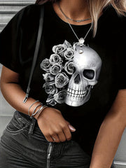 Skull Print Casual Short Sleeve Tee Unisex Crew Neck Versatile Top