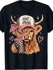 Hot Mess Highland Cow Leopard Print Bow Tumbler Graphic Short Sleeve T-Shirt, Cute Western Country Cow Casual Tee Top