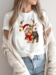 Christmas Yorkshire Terrier T-Shirt, Reindeer Dog Holiday Lights Graphic Tee, Unisex Cotton Crew Neck Short Sleeve Top