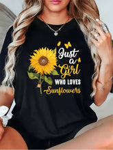 Just A Girl Who Loves Sunflowers T‑Shirt for Women, Sunflower Butterfly Graphic Short‑Sleeve Casual Daily Tops