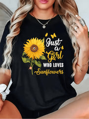 Just A Girl Who Loves Sunflowers T‑Shirt for Women, Sunflower Butterfly Graphic Short‑Sleeve Casual Daily Tops