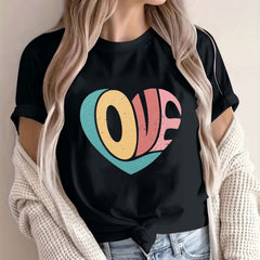 WREESH Cute Graphic Tees for Women Valentine's Day Love Heart Print Short Sleeve T-Shirts for Casual Wear Black