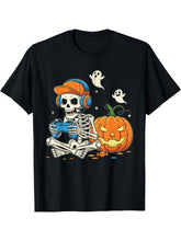 Skeleton Gaming Halloween Gamer Graphic Tee for Men Women, Funny Skull Video Game Short Sleeve T-Shirt, Casual Crew Neck Top for Gamer Gift