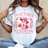 Pink Witch Ghost In October We Wear Pink Breast Cancer Awareness T-Shirt, Halloween Autumn Seasonal Support Graphic Tee, Casual Daily Wear