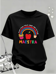 MAESTRA Teacher Rainbow Pencil Apple Print Short Sleeve Tee Teacher Theme Top