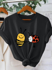 Bee Ladybug Holding Hands Print Short Sleeve Tee Cartoon Crew Neck Top
