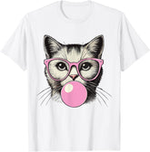 Cute Cat Blowing Bubble Gum T?Shirt, Men Funny Kitten With Pink Glasses Graphic Tee, Cat Lover Unisex Casual Short Sleeve T?shirt