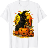 Retro Halloween Black Cat Witch and Pumpkin Unisex T-Shirt
