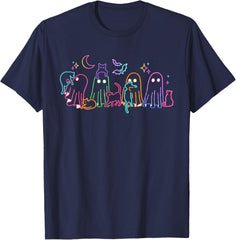 Neon Halloween Ghosts Cats Festive Neon Fall Cat Lover Gift T-Shirt