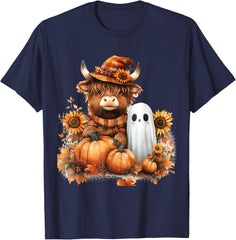 Highland Cow Ghost Pumpkin Sunflower Fall Cute T-Shirt