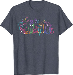 Neon Halloween Ghosts Cats Festive Neon Fall Cat Lover Gift T-Shirt