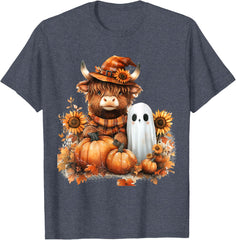 Highland Cow Ghost Pumpkin Sunflower Fall Cute T-Shirt