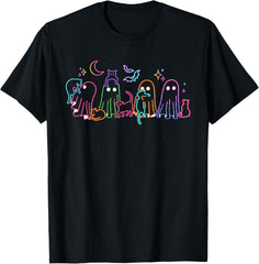 Neon Halloween Ghosts Cats Festive Neon Fall Cat Lover Gift T-Shirt