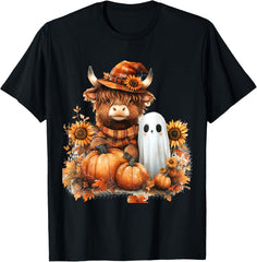 Highland Cow Ghost Pumpkin Sunflower Fall Cute T-Shirt