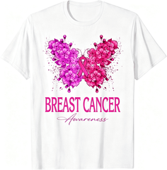 Breast Cancer Awareness Graphic T‑Shirt, Unisex Crew Neck Short Sleeve Tee, Floral Butterfly Pink Ribbon Print Casual All‑Season Top in October We Wear Pink T shirt