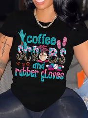 Coffee And Rubber Gloves Graphic Tee for Women, Funny Nurse Medical Short Sleeve T-Shirt, Casual Crew Neck Top for Healthcare Worker Daily Wear Gift