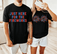 Couple Matching 4th of July Graphic T‑Shirts, Just Here for the Fireworks Funny Patriotic Tees, Adult Men Women Independence Day Short Sleeve Shirts