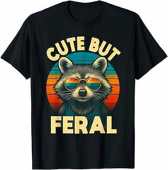 Cute But Feral Raccoon Retro Sunset Funny Sarcastic Saying T-Shirt