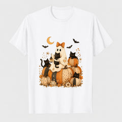 Cute Halloween Ghost Black Cat Pumpkin Patchwork Cat Mom T-Shirt