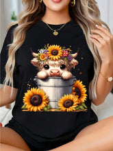 Cute Highland Cow In Bucket T-Shirt Sunflower Floral Crown Graphic Tee