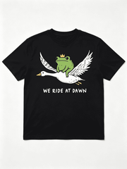Funny Meme T-Shirt For Women Frog On Goose We Ride At Dawn Cute Animal Humor Print Short Sleeve Top