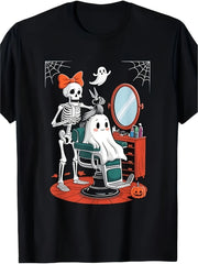 Funny Skeleton Barber Hairstylist Graphic T-Shirt Short Sleeve Round Neck Tee with Spooky Hairdressing Design Adult Casual Comfort Fit for Halloween Thanksgiving Christmas