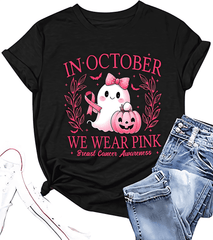 Halloween Breast Cancer Awareness Shirts Women Pink Ghost Shirt Pink Ribbons Cancer Care Gifts Short Sleeve Tee Top