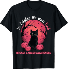 In October We Wear T shirt pink black cat print graphic T-shirt, anti breast cancer Halloween T-shirt for men and women