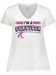 Inktastic I'm a Survivor Breast Cancer Awareness with Ribbon Women's Plus Size V-Neck T-Shirt