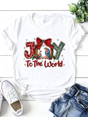 Joy To The World T-Shirt Christian Nativity Scene Christmas Red Bow Graphic Tee