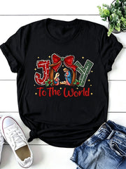 Joy To The World T-Shirt Christian Nativity Scene Christmas Red Bow Graphic Tee