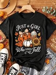 Just A Girl Who Loves Fall T-Shirt Pumpkin Sunflower Coffee Graphic Tee