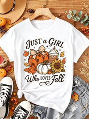 Just A Girl Who Loves Fall T-Shirt Pumpkin Sunflower Coffee Graphic Tee