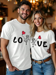 LOVE Heart Cartoon Character Pattern Couple Valentine'S Day Round Neck Casual Short Sleeve T-Shirt Couple T shirts For Women Men Valentine’s Day Gift