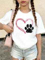 Love Heart Cat Dog Paw Print, Pet Gifts For Valentine's Day Kids Cotton Graphic Tee Comfortable boys girls T-Shirt