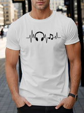 Men Music Heartbeat Graphic Short‑Sleeve T‑Shirt, Headphone & Music Note ECG Pulse Print, Casual Crew Neck Breathable Summer Tee