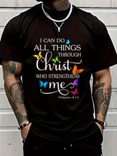 Men's Christian Faith Graphic T-Shirt, Philippians 4:13 Bible Verse Inspirational Tee, I Can Do All Things Through Christ Religious Short Sleeve Crew Neck Cotton Shirt, Church Gift