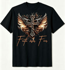 Men's Faith Over Fear T-shirt with angel wings and cross design,Crew Neck Short Sleeve Tops Tees Casual Men T shirts