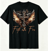 Men's Faith Over Fear T-shirt with angel wings and cross design,Crew Neck Short Sleeve Tops Tees Casual Men T shirts