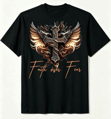 Men's Faith Over Fear T-shirt with angel wings and cross design,Crew Neck Short Sleeve Tops Tees Casual Men T shirts