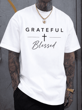 Men's Grateful Blessed Graphic T Shirt, Faith Cross Print Short Sleeve Cotton Casual Tee, Inspirational Christian Style Shirt