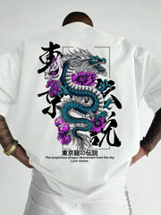 Men’s Japanese Dragon Floral Graphic T‑Shirt Men's Casual Sport Street Y2K Dragon Print Trendy Crew Neck T-Shirt