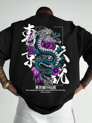 Men’s Japanese Dragon Floral Graphic T‑Shirt Men's Casual Sport Street Y2K Dragon Print Trendy Crew Neck T-Shirt