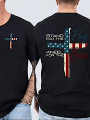 Men's Pure Cotton Printed T-Shirt, Thin Summer T-Shirt.Patriotic Christian Faith T-Shirt, Stand For The Flag, Kneel For The Cross Religious Shirt