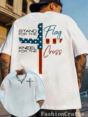 Men's Pure Cotton Printed T-Shirt, Thin Summer T-Shirt.Patriotic Christian Faith T-Shirt, Stand For The Flag, Kneel For The Cross Religious Shirt