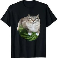 Mens Watermelon Cat Meme Print Tee Crew Neck Soft Comfort Street Sport Top
