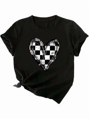 Women's Black "Distressed Checkerboard Heart" Graphic T-Shirt, Crew Neck Casual Top