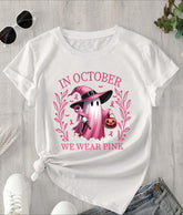 In October We Wear Pink Ghost Witch Graphic T‑Shirt, Women Crew Neck Short‑Sleeve Tee Halloween Ghost Witch Jack‑o'‑lantern Pink Ribbon Graphic Casual Daily Top